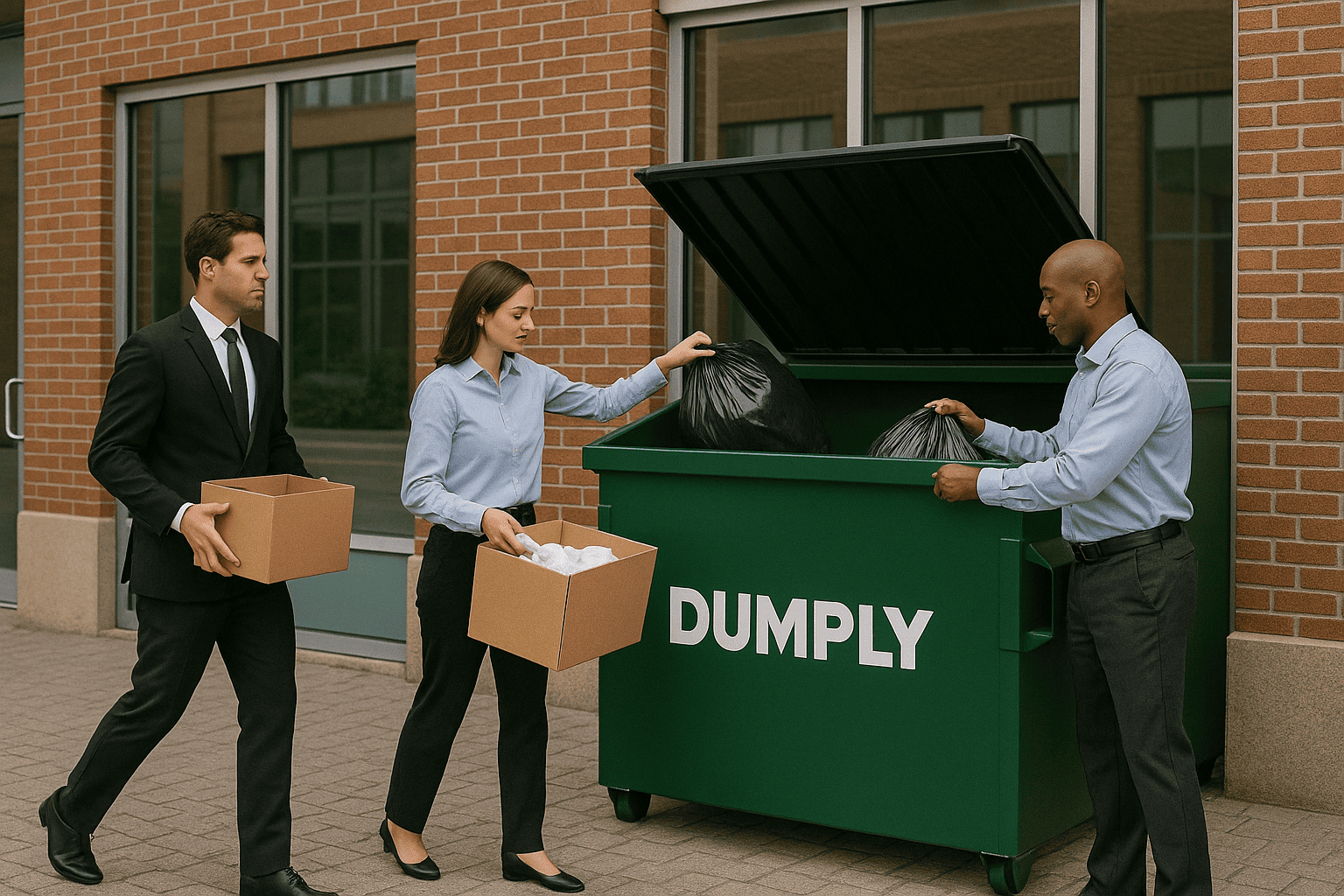 Equipe de escritório descartando resíduos em dumpster da Dumply