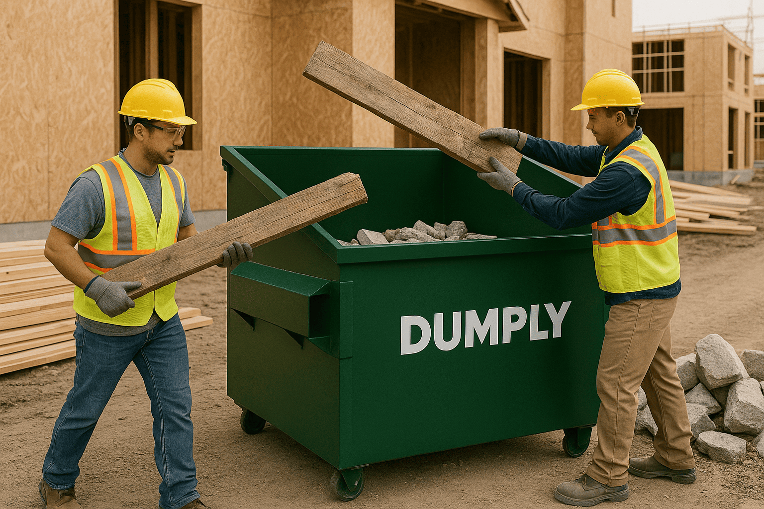 Trabalhadores de construção descartando entulho em dumpster da Dumply
