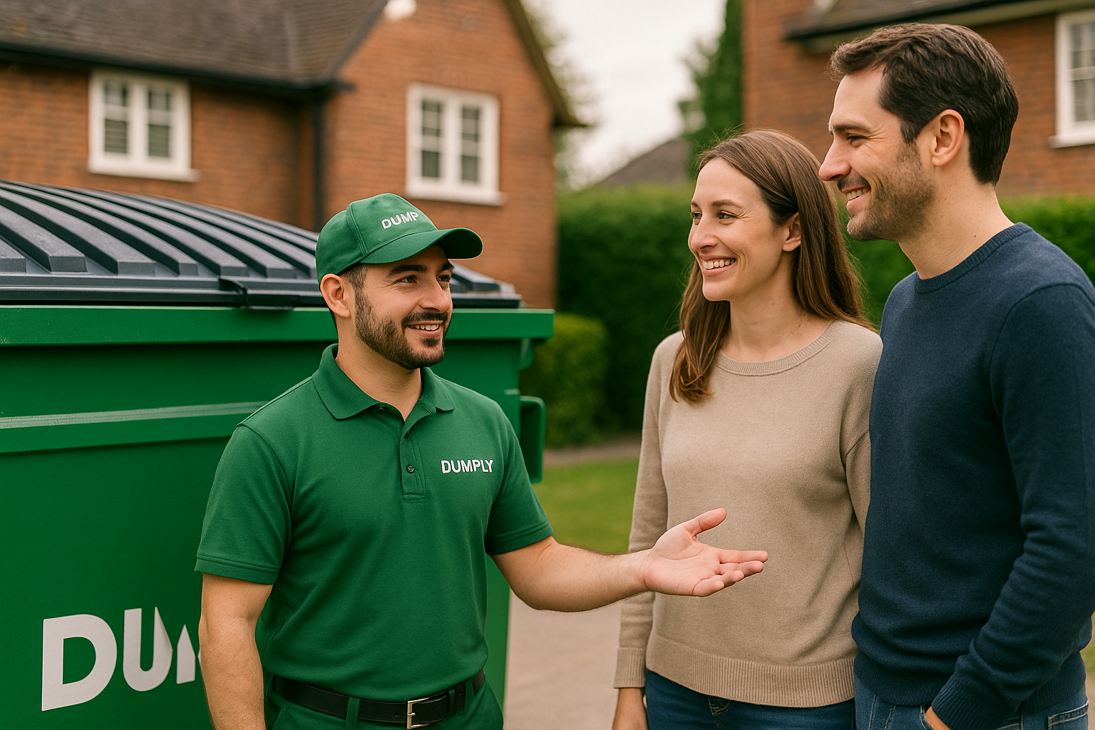 Dumply employee assisting a couple with dumpster rental in a residential neighborhood