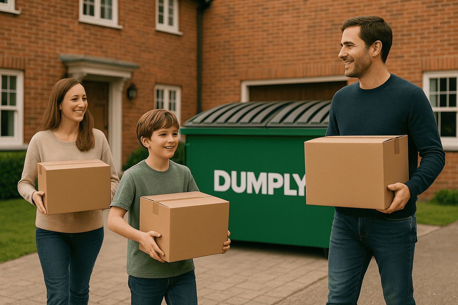 Família carregando caixas em frente a dumpster da Dumply